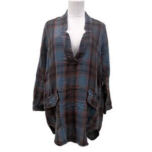 CP Shades Plaid Gauze Tunic Lagenlook Cotton Pullover Top Small Oversized Boho